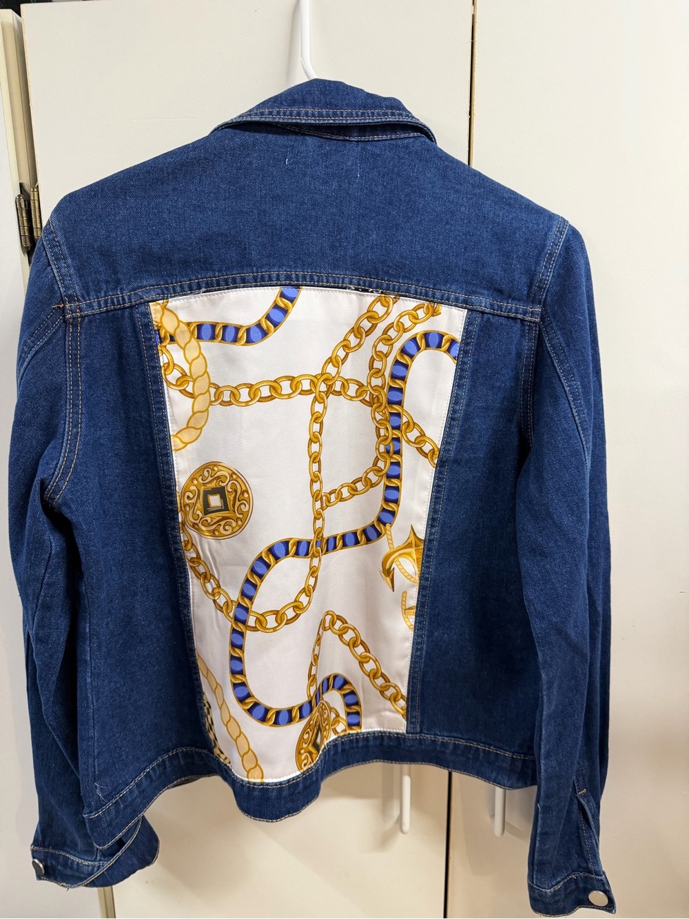 Brit.NY Denim Jacket with Gold Chain Print Back Panel - Blue… size Large